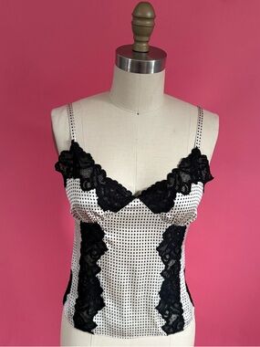 Vintage Y2K 2005 SILK Lace Polka Dot Empire Waist Silky Cami Tank Top 4P